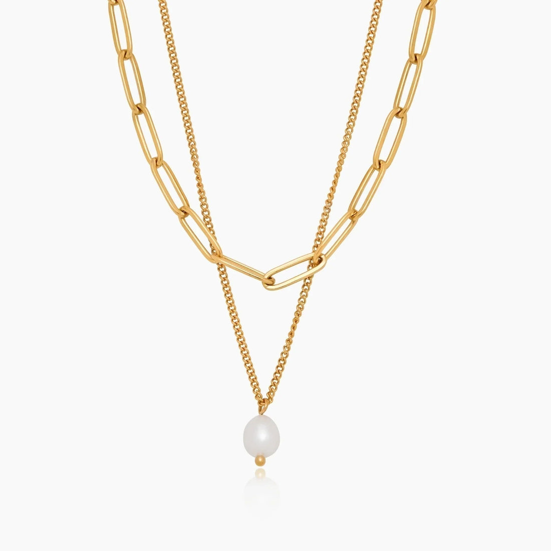 Layered Necklace with Paperclip Chain and Pearl Pendant