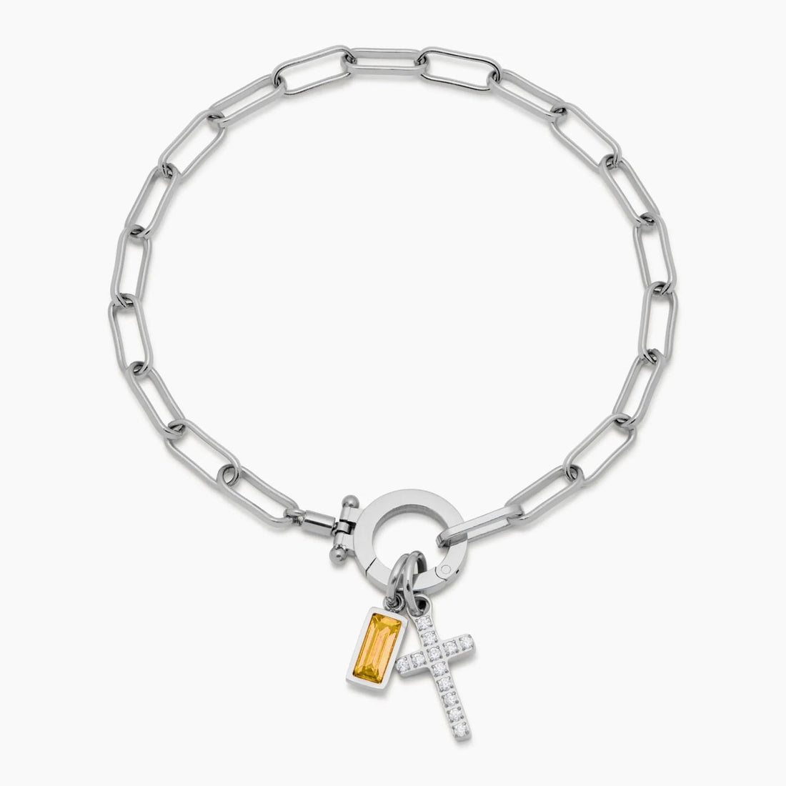 Paperclip Cross Charm Bracelet with Birthstone