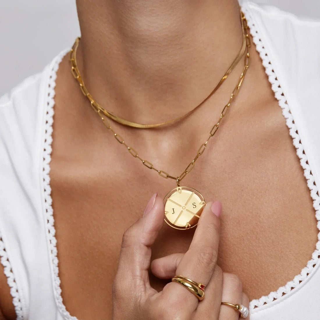 Compass Necklace with Engraved Initial