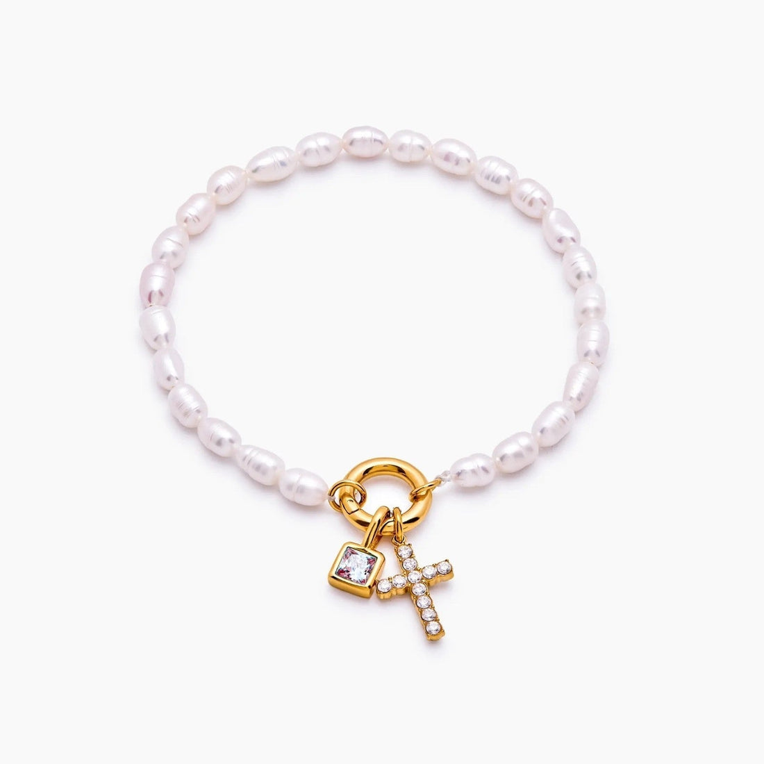 Cross Charm Bracelet with Pearl and Birthstone