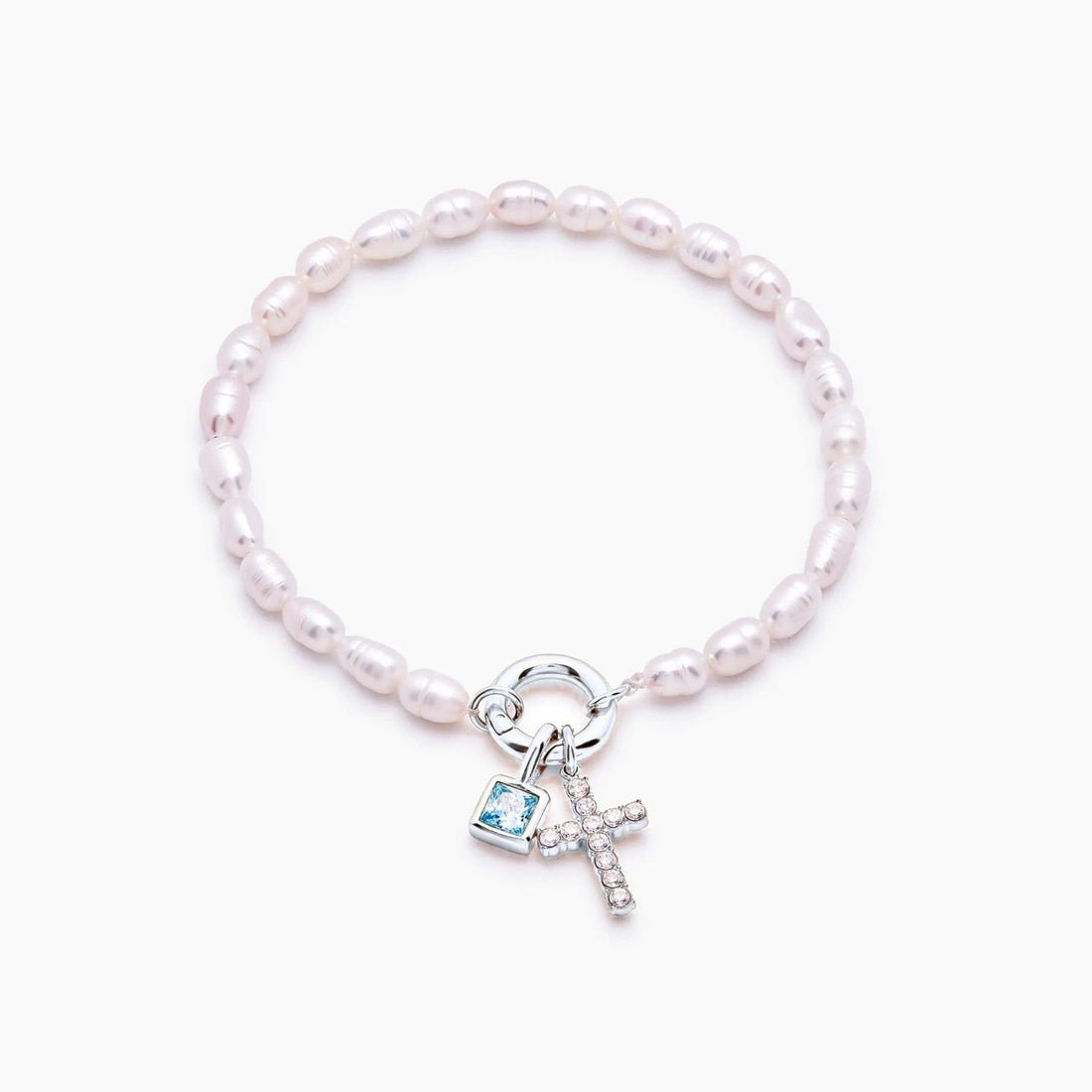 Cross Charm Bracelet with Pearl and Birthstone