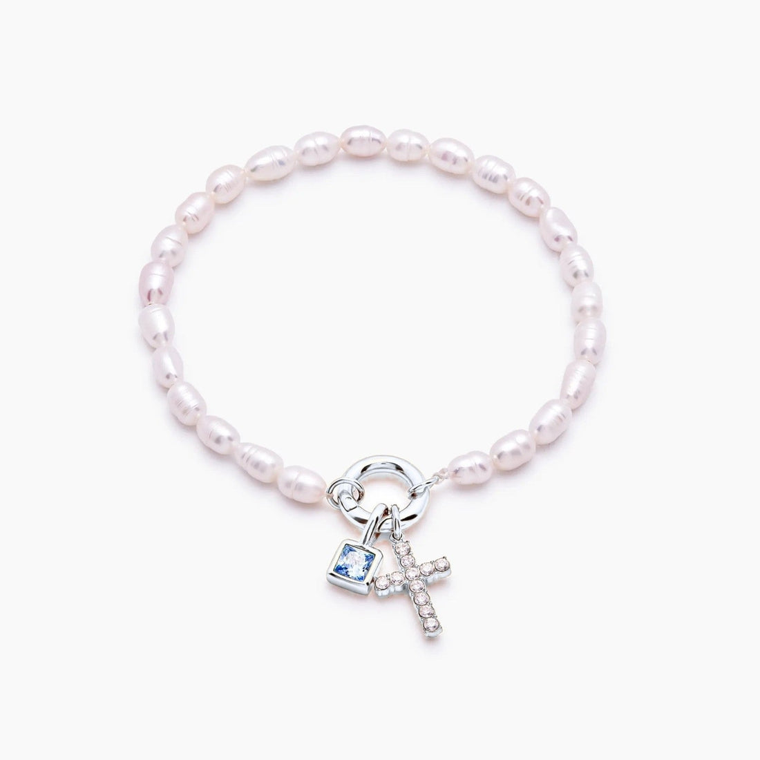 Cross Charm Bracelet with Pearl and Birthstone