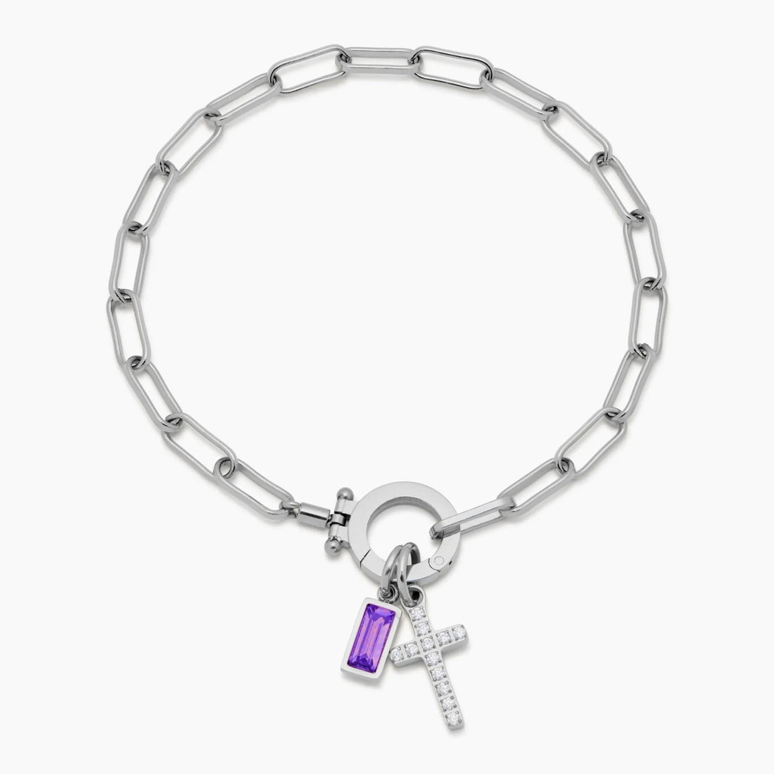 Paperclip Cross Charm Bracelet with Birthstone