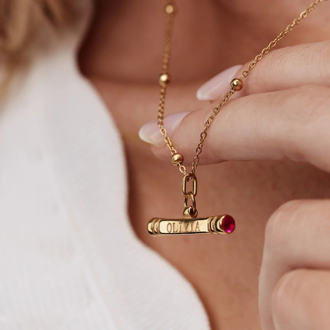 Personalized T-Bar Necklace with Name and Birthstone