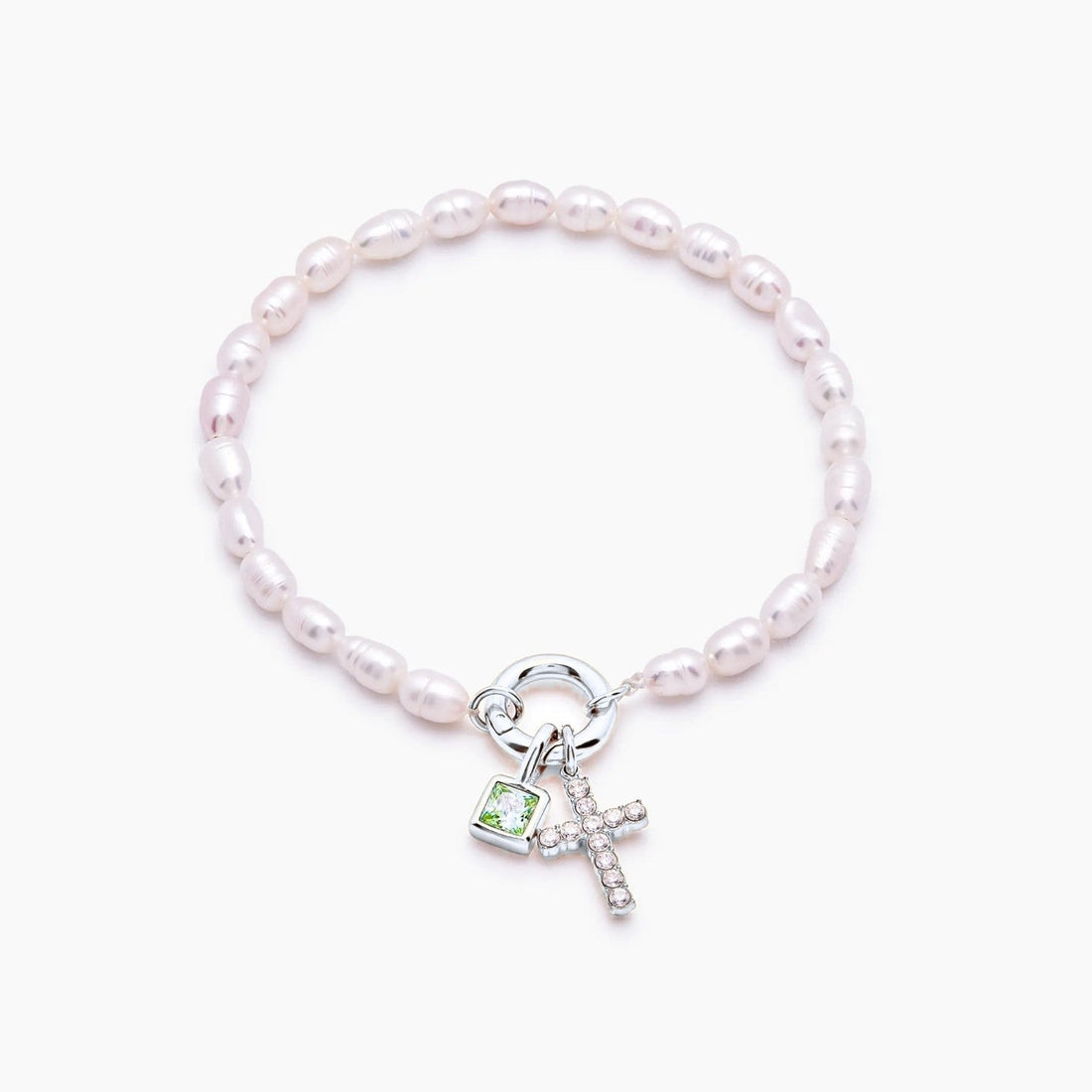 Cross Charm Bracelet with Pearl and Birthstone
