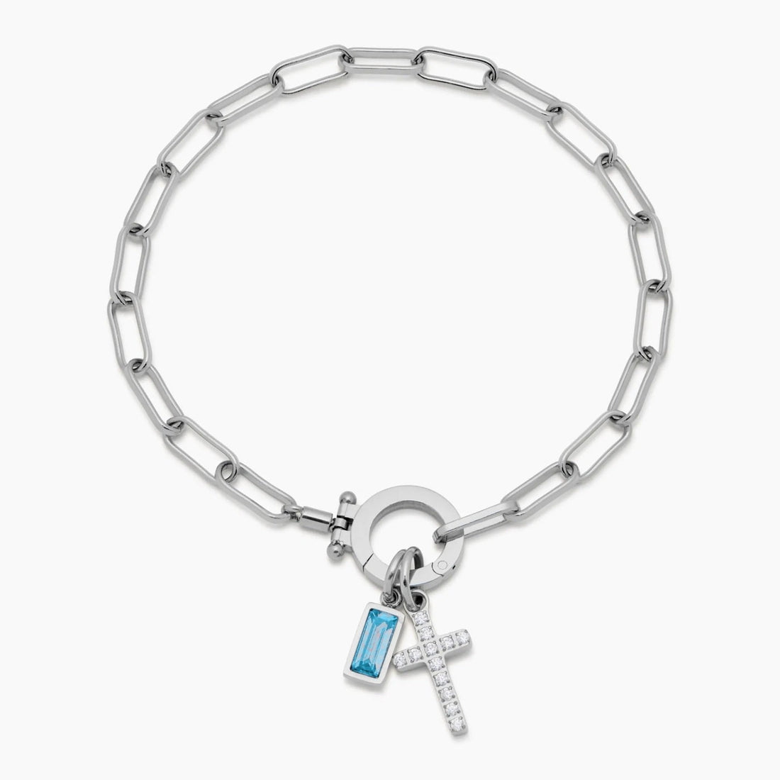 Paperclip Cross Charm Bracelet with Birthstone