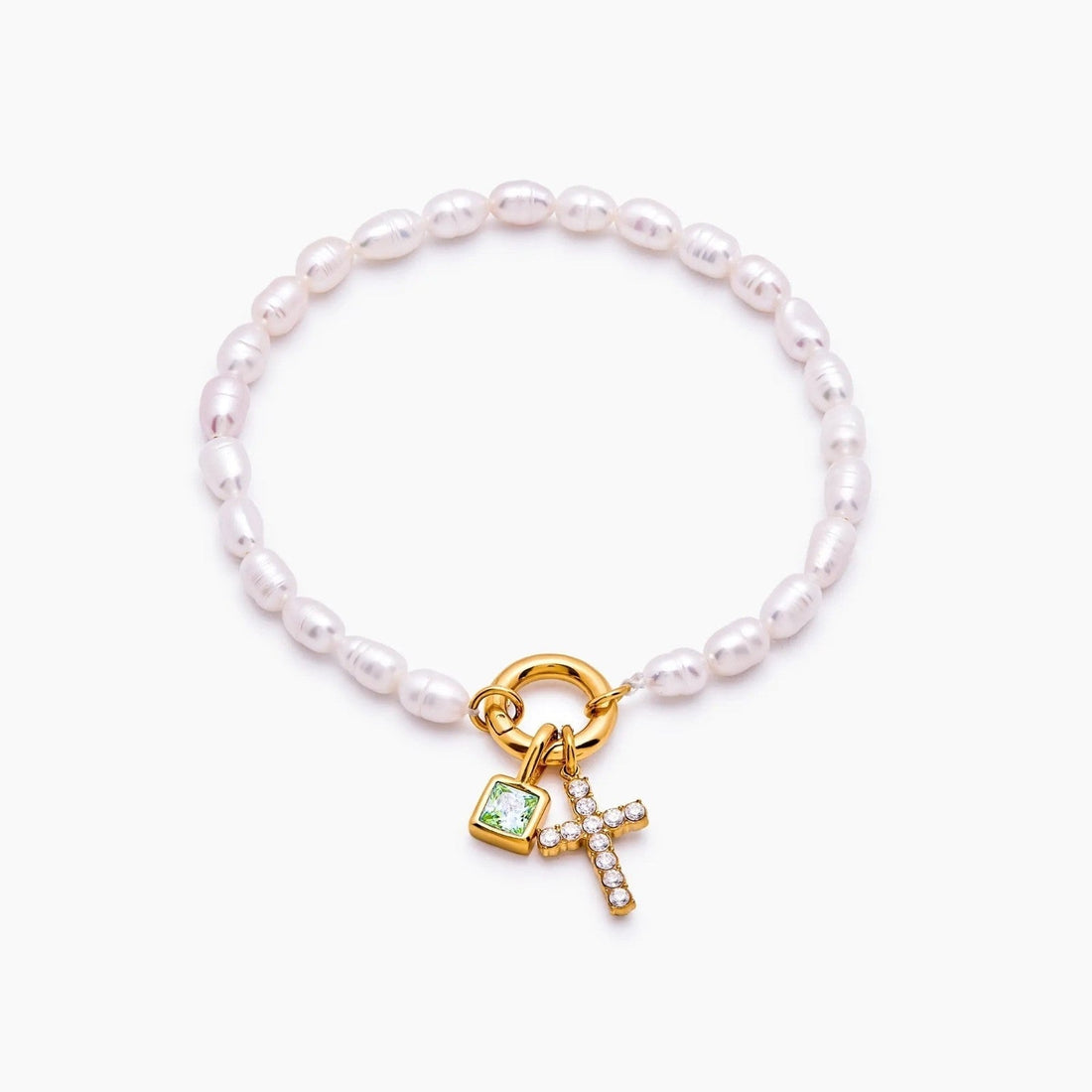 Cross Charm Bracelet with Pearl and Birthstone