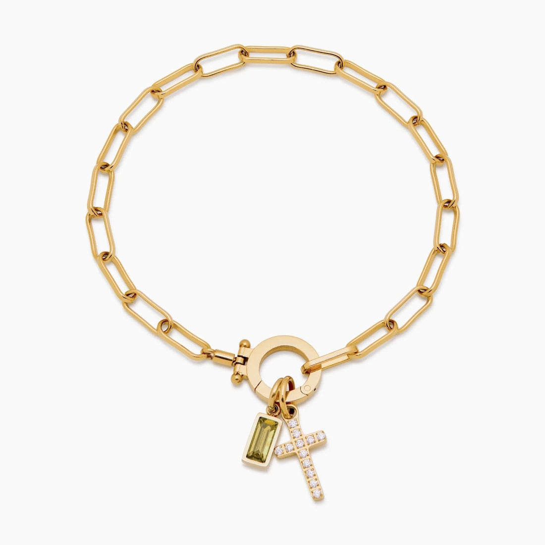 Paperclip Cross Charm Bracelet with Birthstone