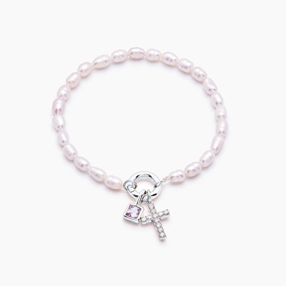 Cross Charm Bracelet with Pearl and Birthstone
