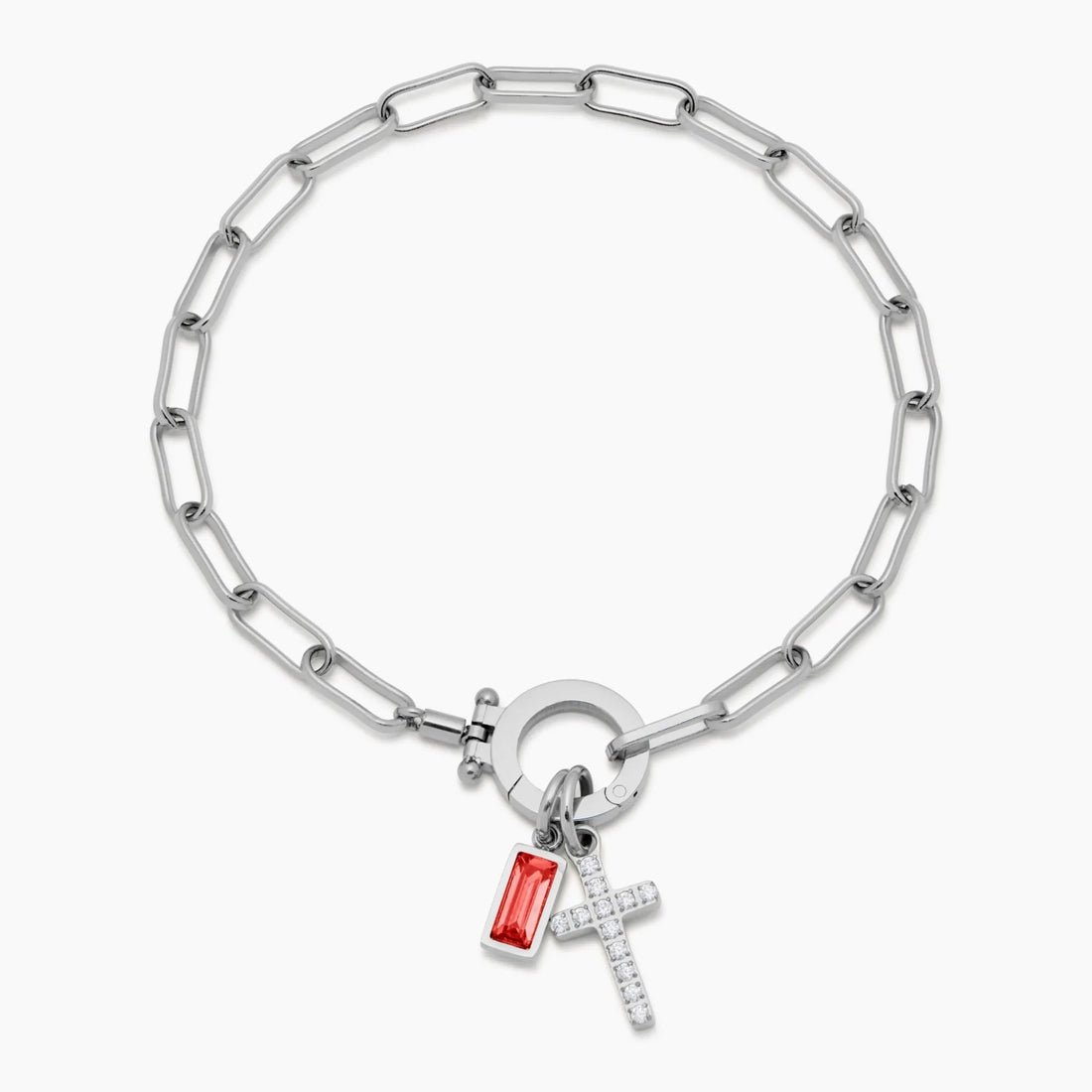 Paperclip Cross Charm Bracelet with Birthstone