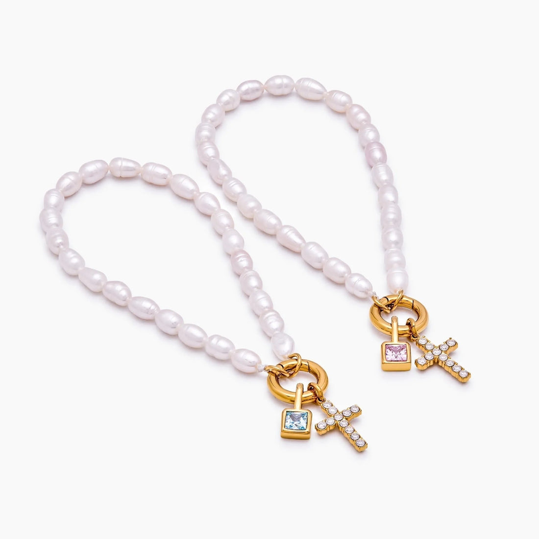 Cross Charm Bracelet with Pearl and Birthstone