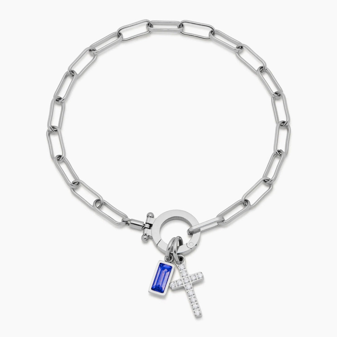 Paperclip Cross Charm Bracelet with Birthstone