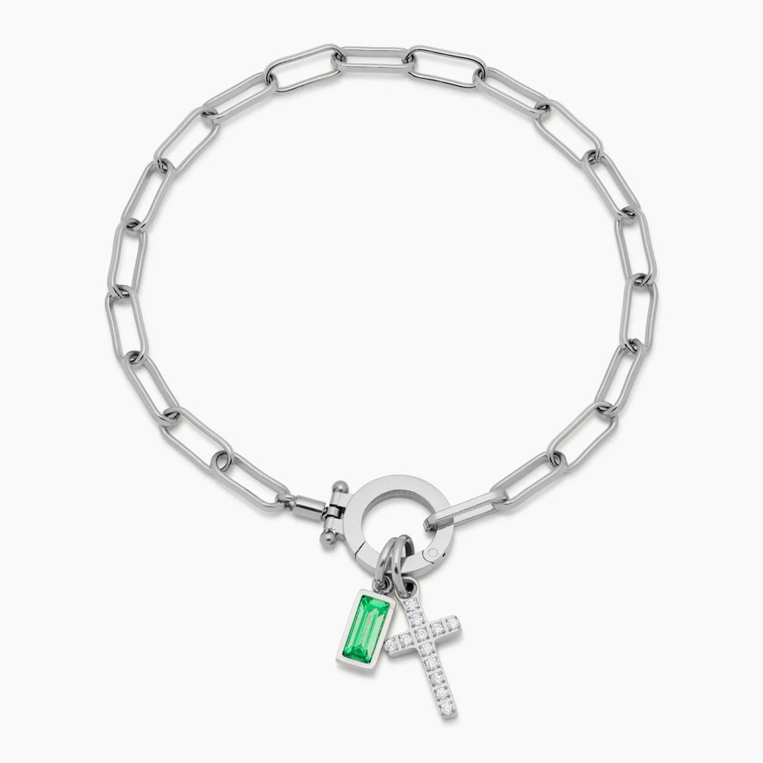 Paperclip Cross Charm Bracelet with Birthstone