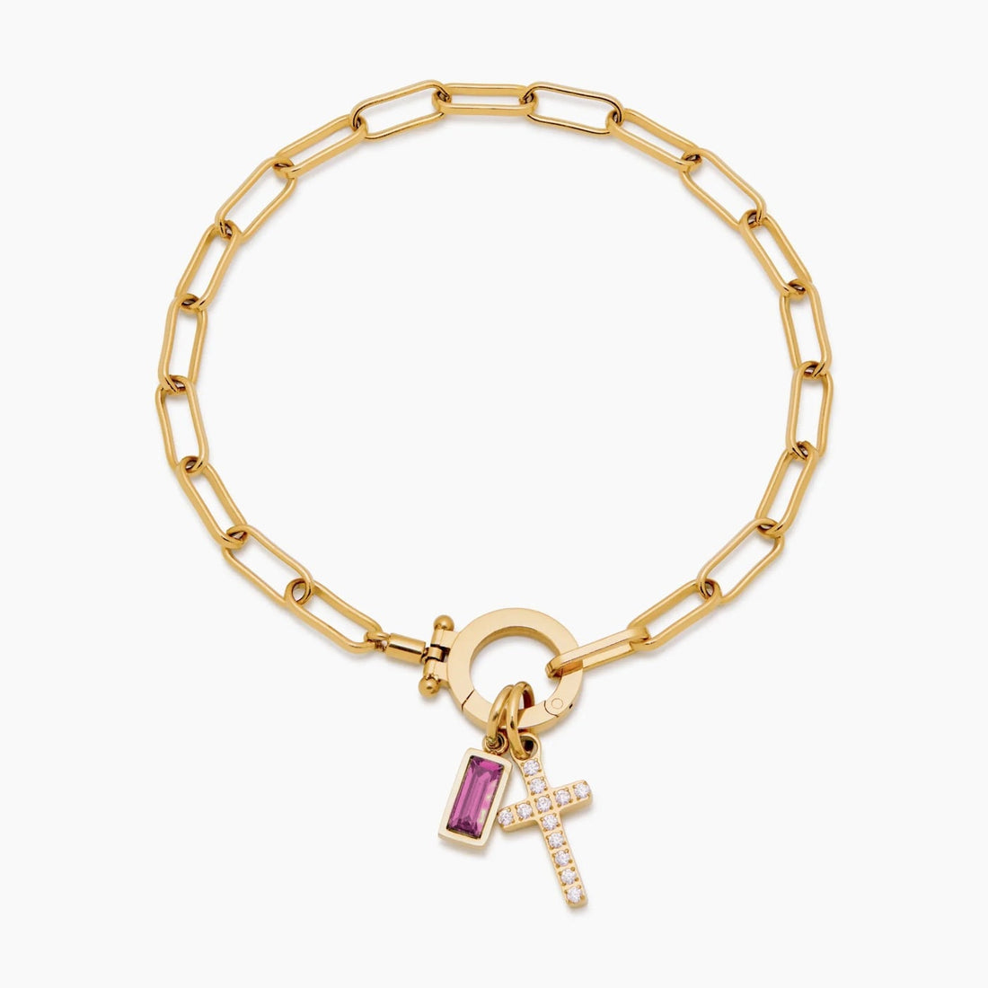 Paperclip Cross Charm Bracelet with Birthstone