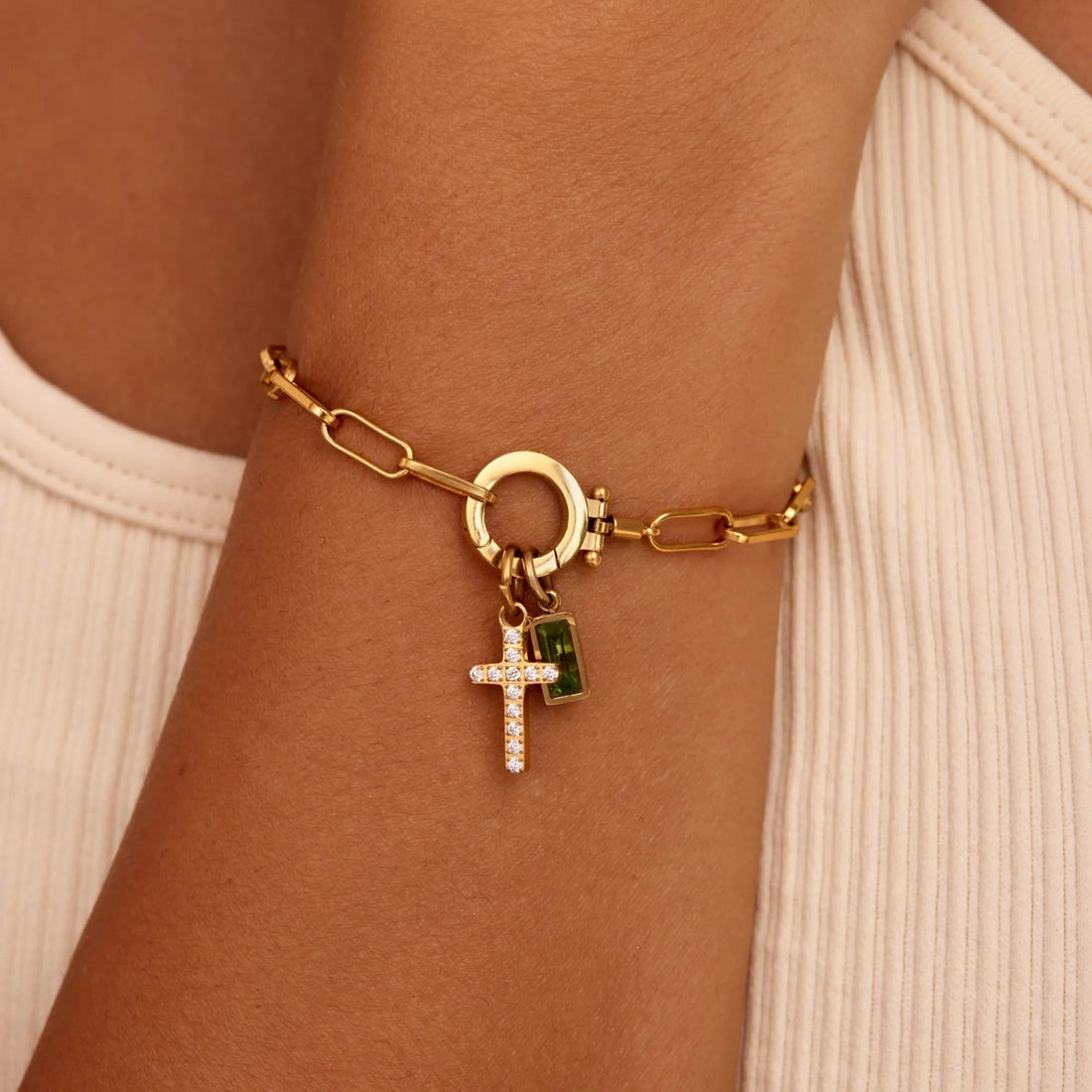 Paperclip Cross Charm Bracelet with Birthstone