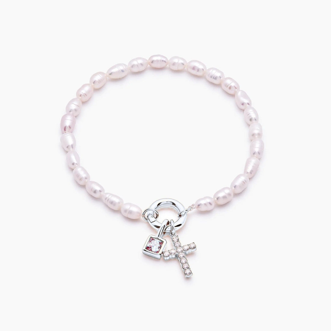 Cross Charm Bracelet with Pearl and Birthstone