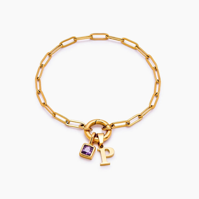 Paperclip Bracelet with Initial and Birthstone