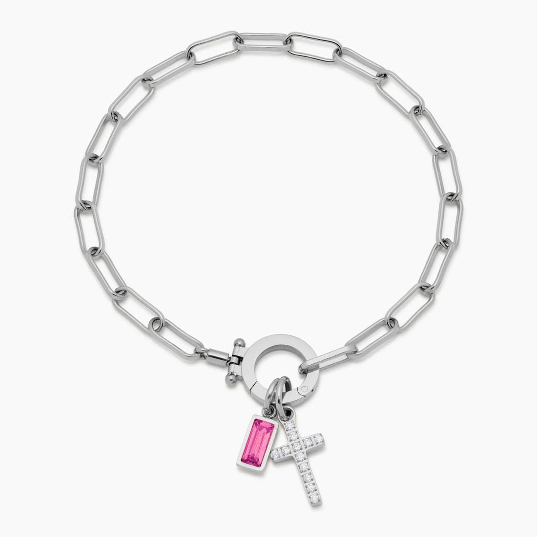 Paperclip Cross Charm Bracelet with Birthstone