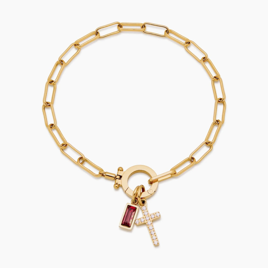 Paperclip Cross Charm Bracelet with Birthstone
