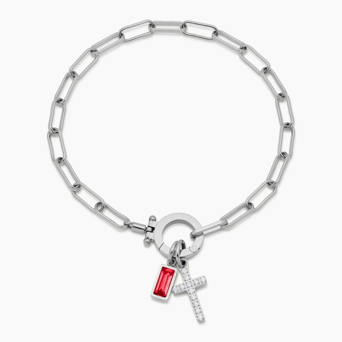 Paperclip Cross Charm Bracelet with Birthstone