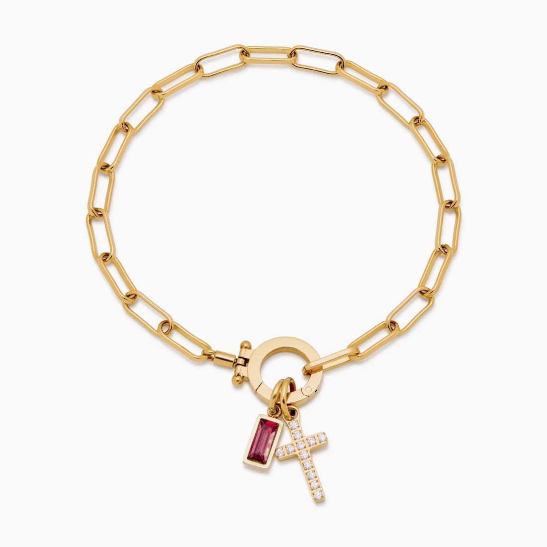Paperclip Cross Charm Bracelet with Birthstone