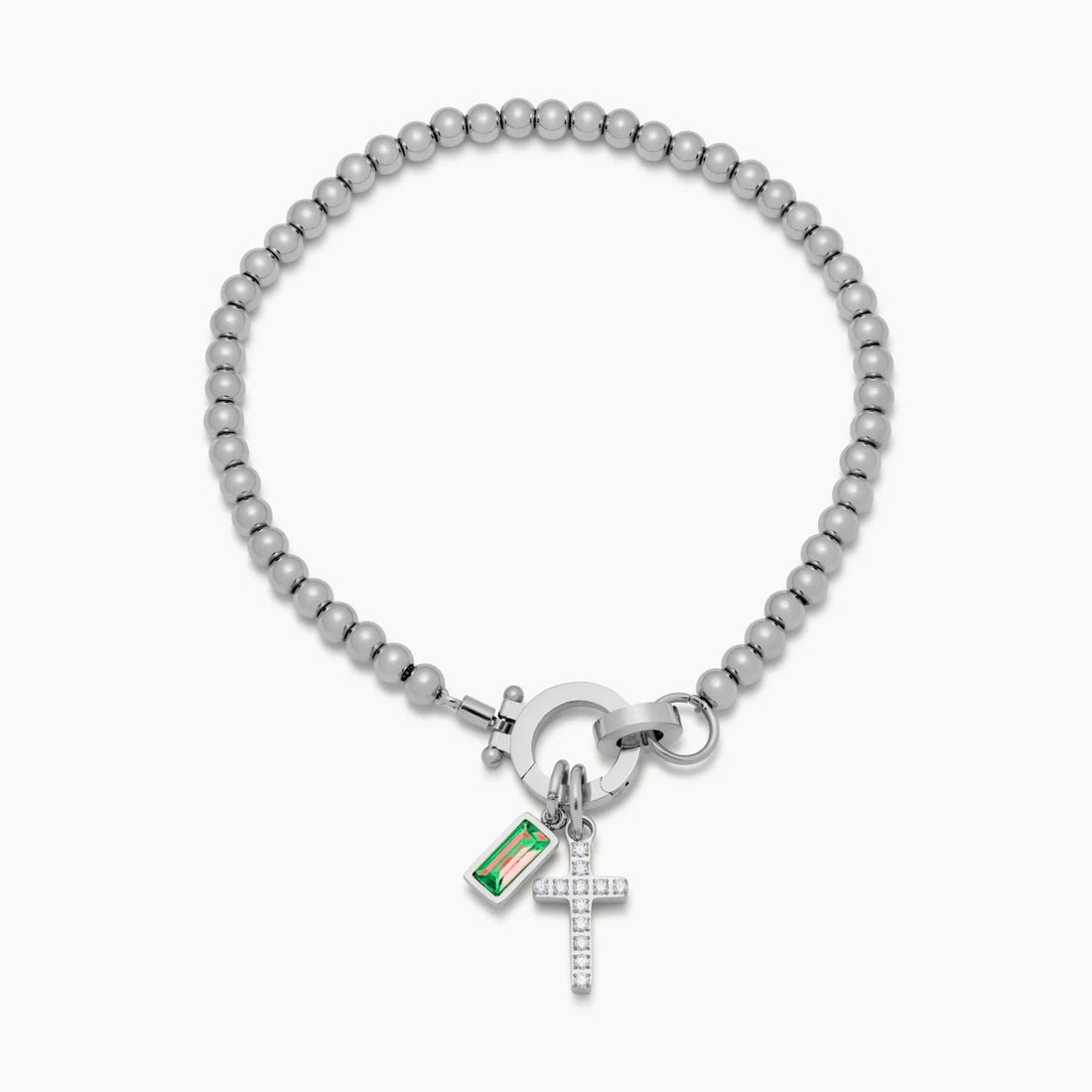 Beaded Bracelet with Cross Charm and Birthstone