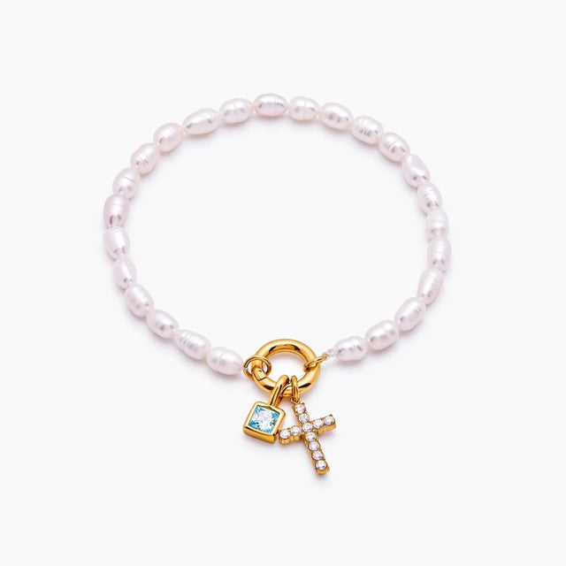 Cross Charm Bracelet with Pearl and Birthstone