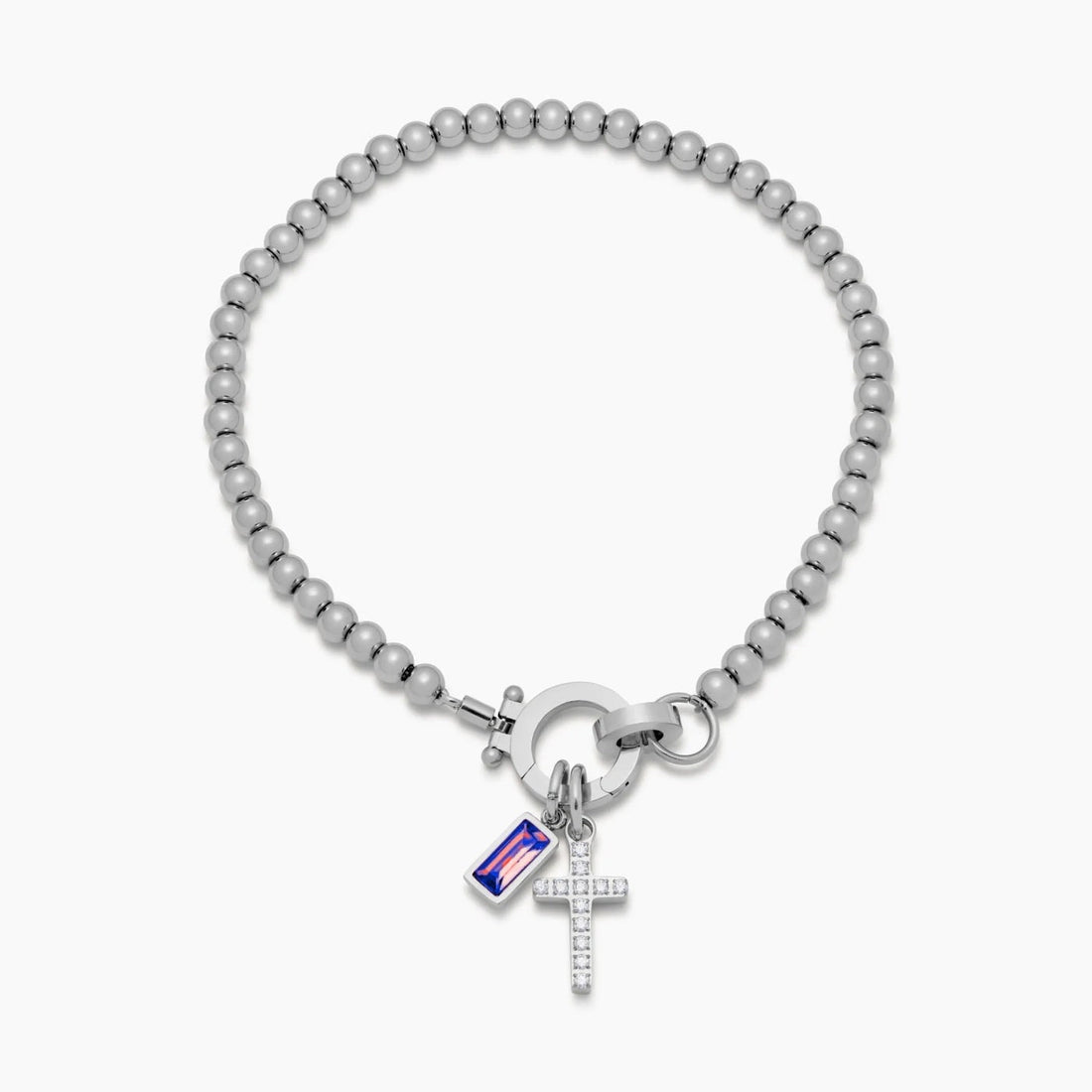 Beaded Bracelet with Cross Charm and Birthstone