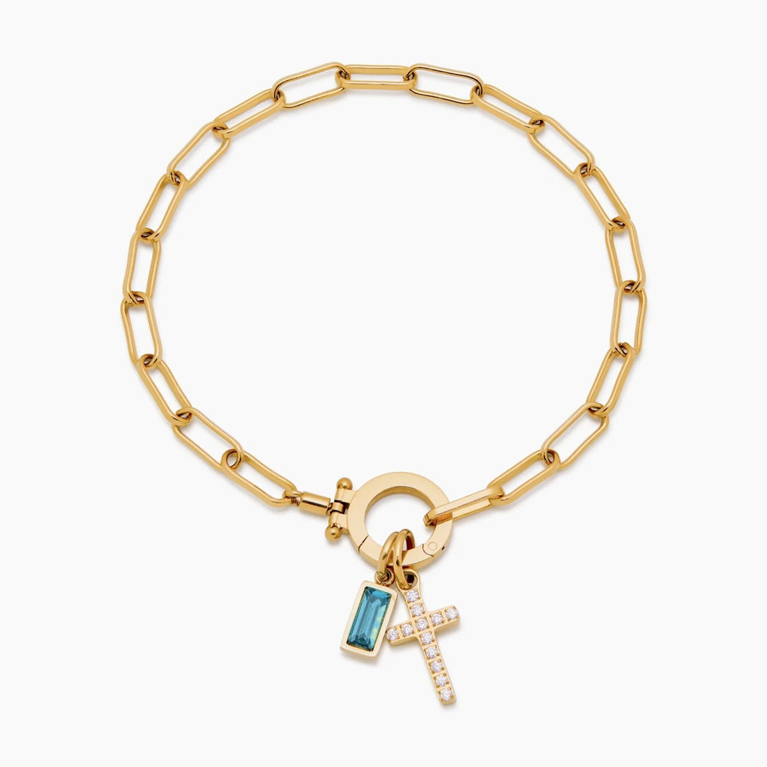 Paperclip Cross Charm Bracelet with Birthstone