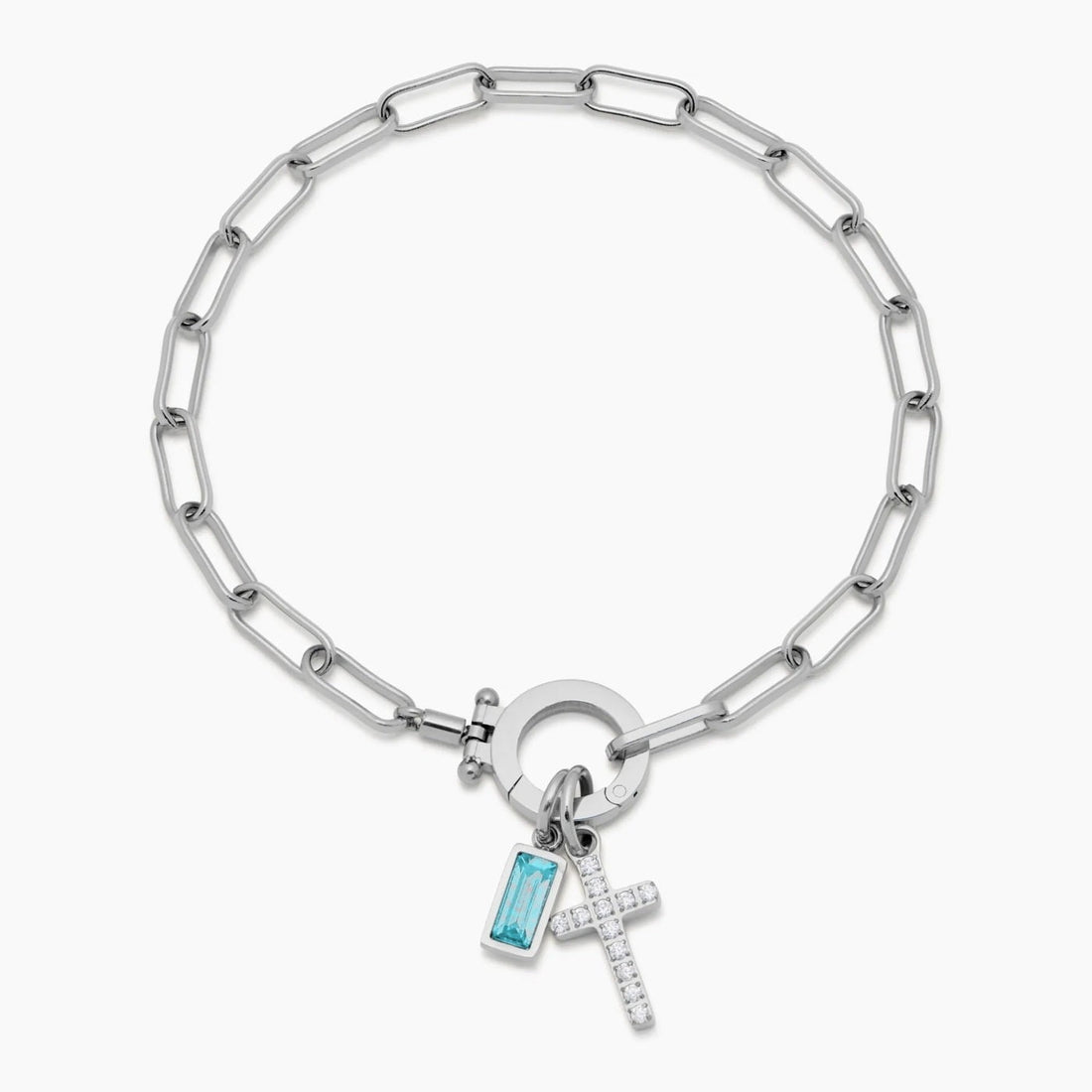 Paperclip Cross Charm Bracelet with Birthstone