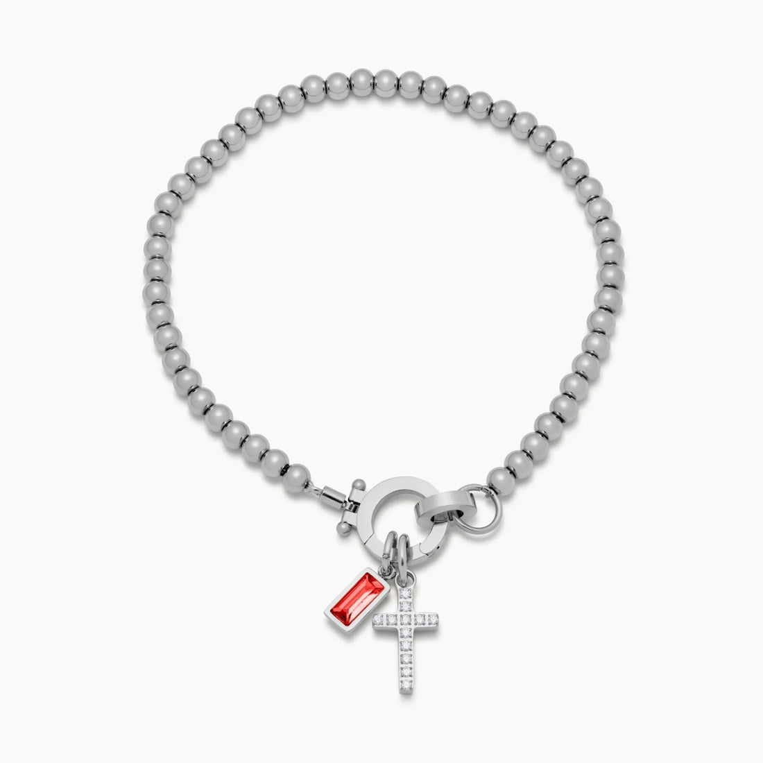 Beaded Bracelet with Cross Charm and Birthstone