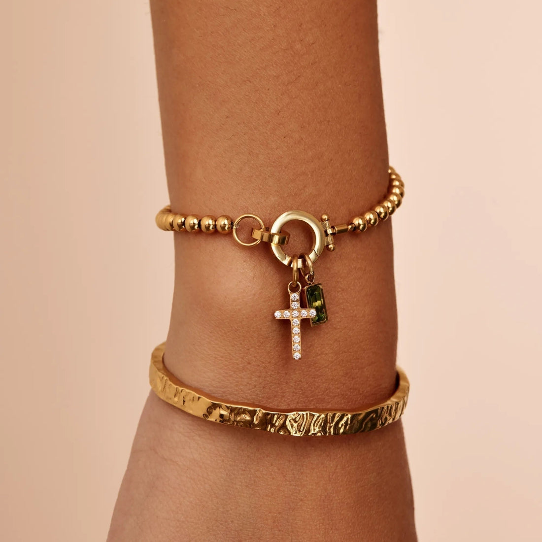 Beaded Bracelet with Cross Charm and Birthstone