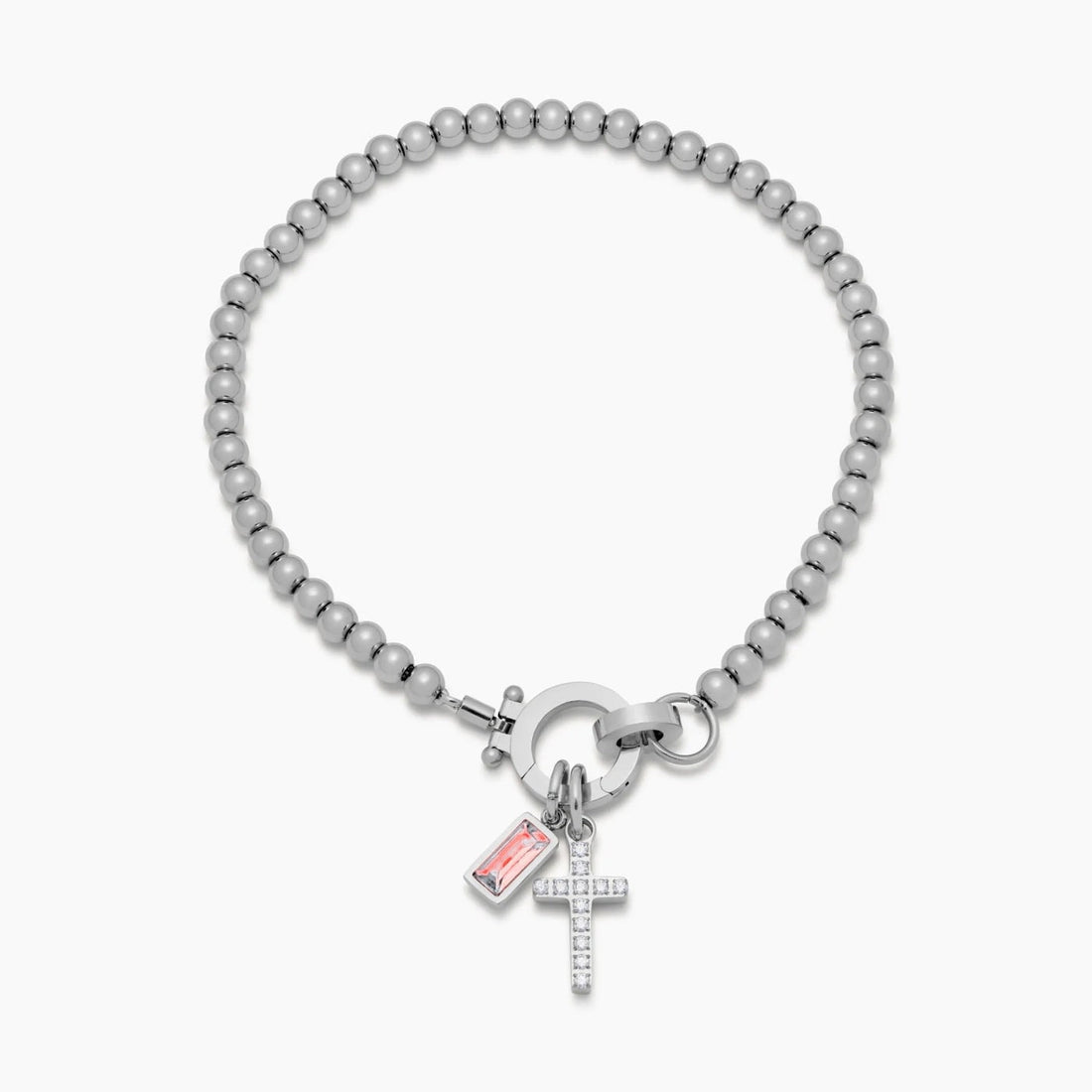 Beaded Bracelet with Cross Charm and Birthstone