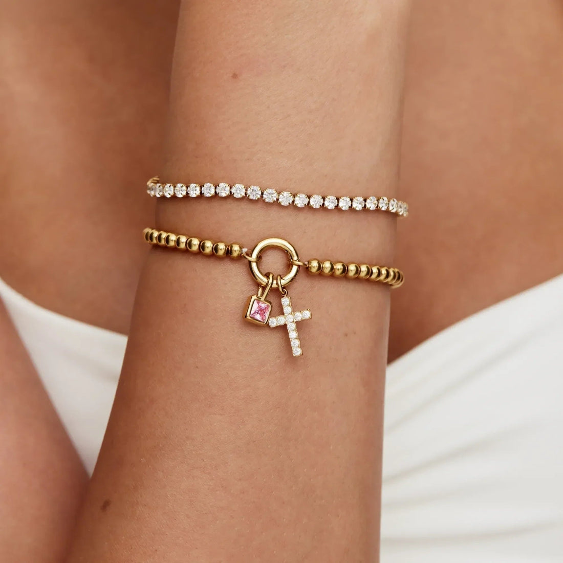 Beaded Bracelet with Cross and Birthstone