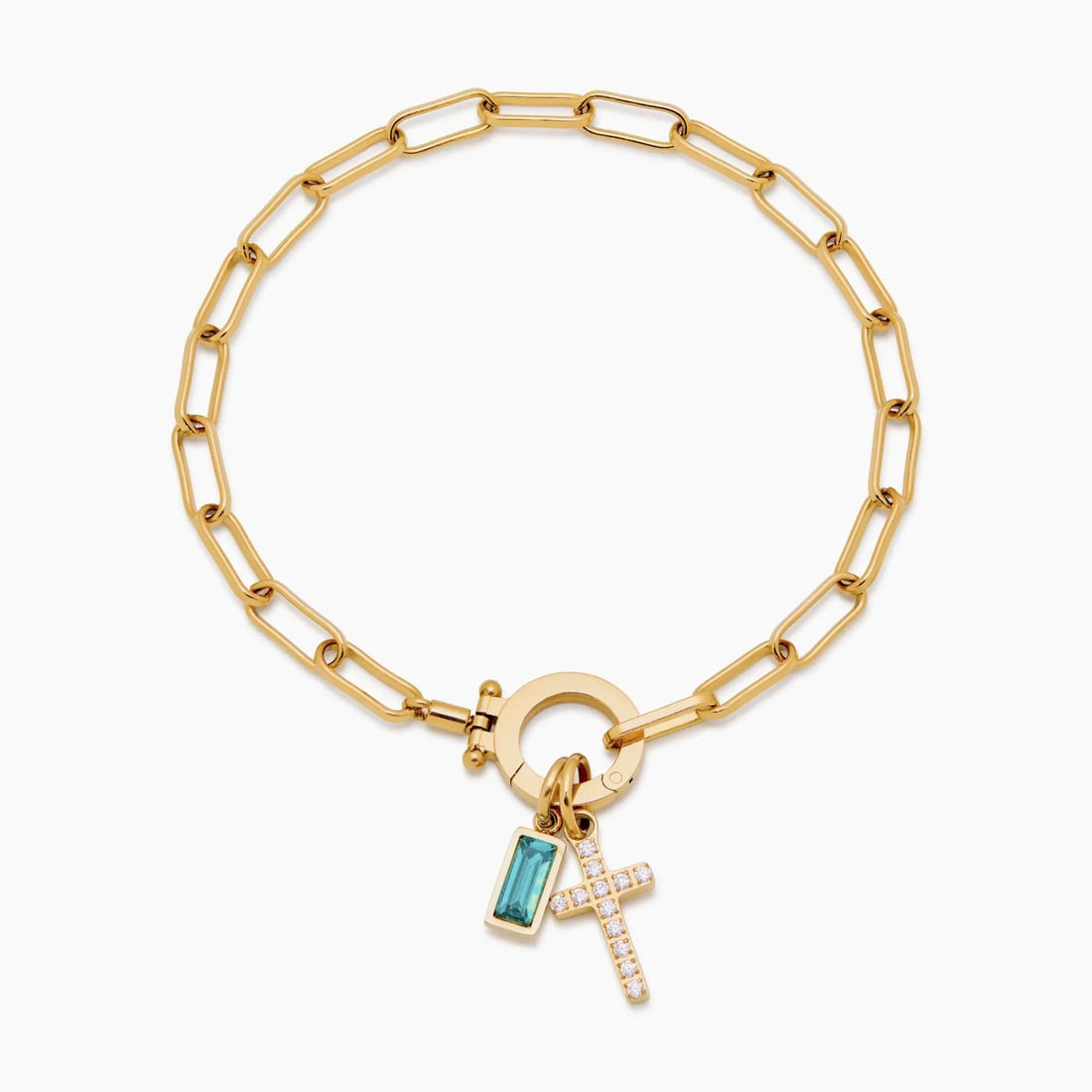 Paperclip Cross Charm Bracelet with Birthstone