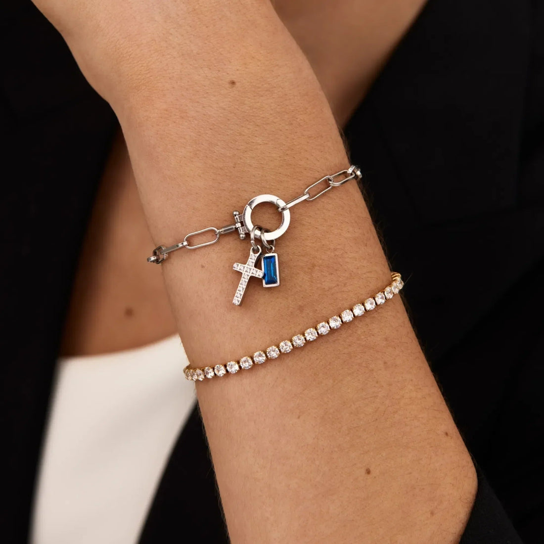 Paperclip Cross Charm Bracelet with Birthstone