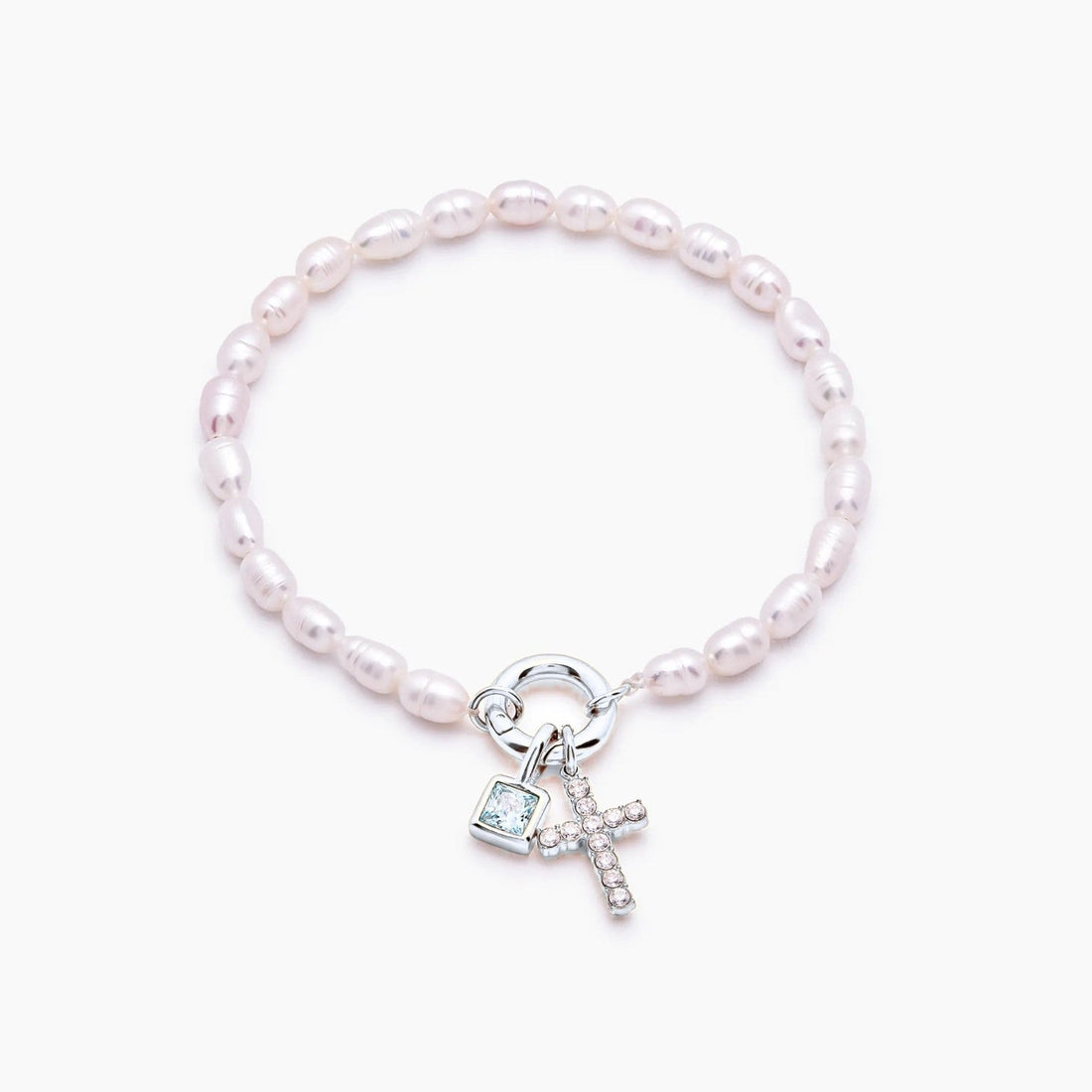 Cross Charm Bracelet with Pearl and Birthstone