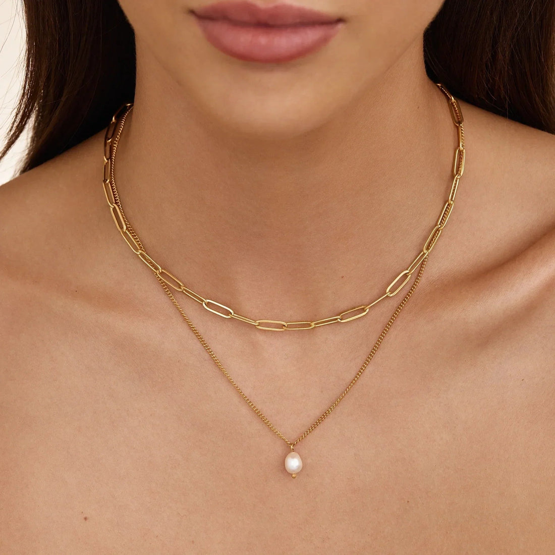 Layered Necklace with Paperclip Chain and Pearl Pendant