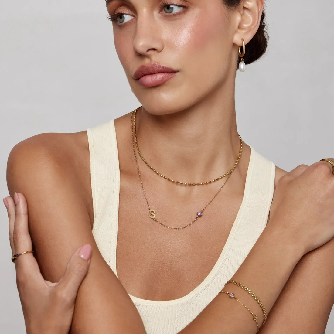 Necklace with Side Initial and Birthstone