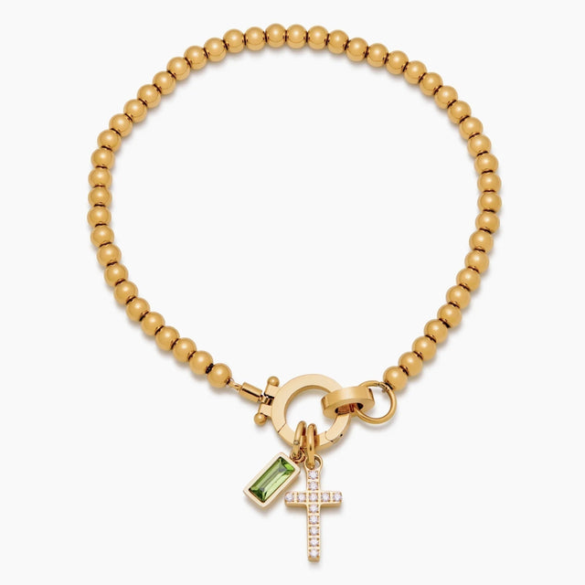 Beaded Bracelet with Cross Charm and Birthstone