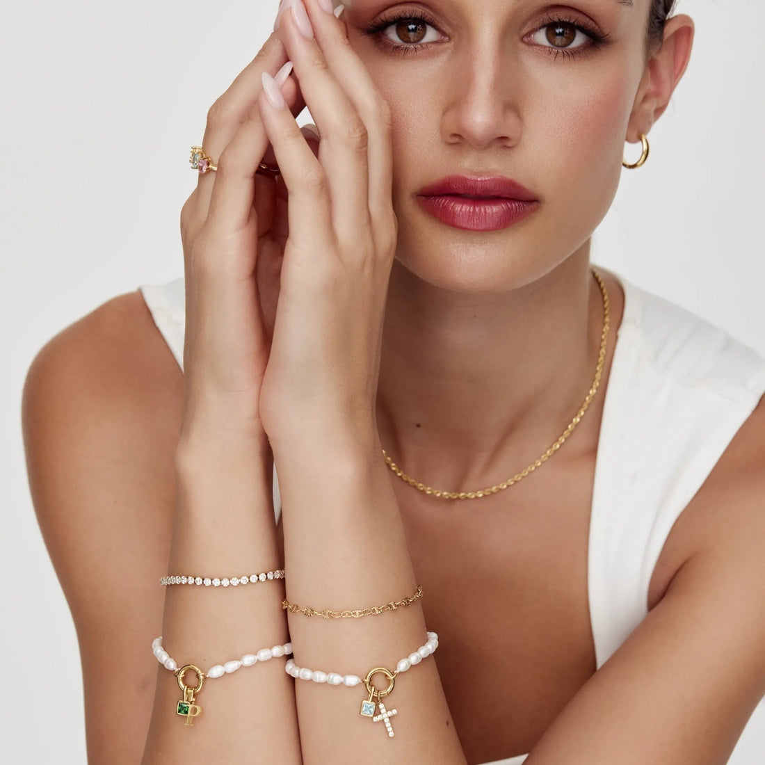 Cross Charm Bracelet with Pearl and Birthstone