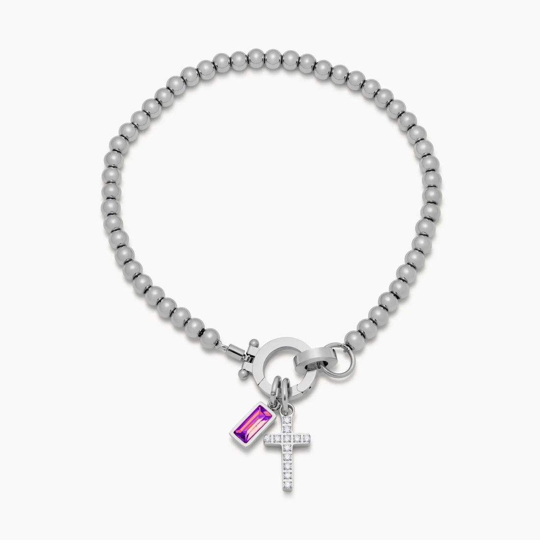 Beaded Bracelet with Cross Charm and Birthstone